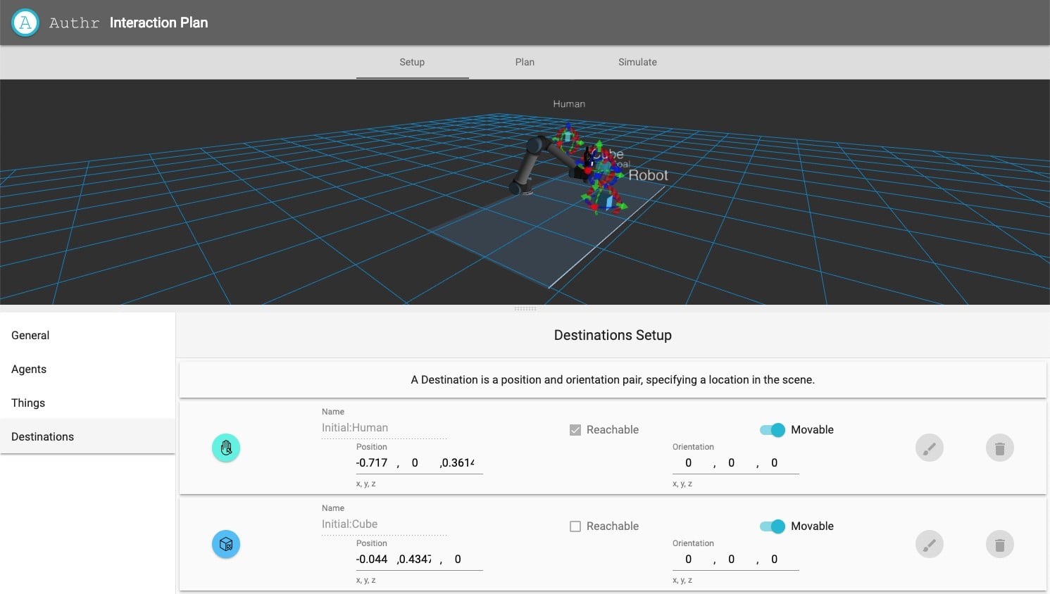 Authr setup view allows user to define Agents, Things, and Destinations.