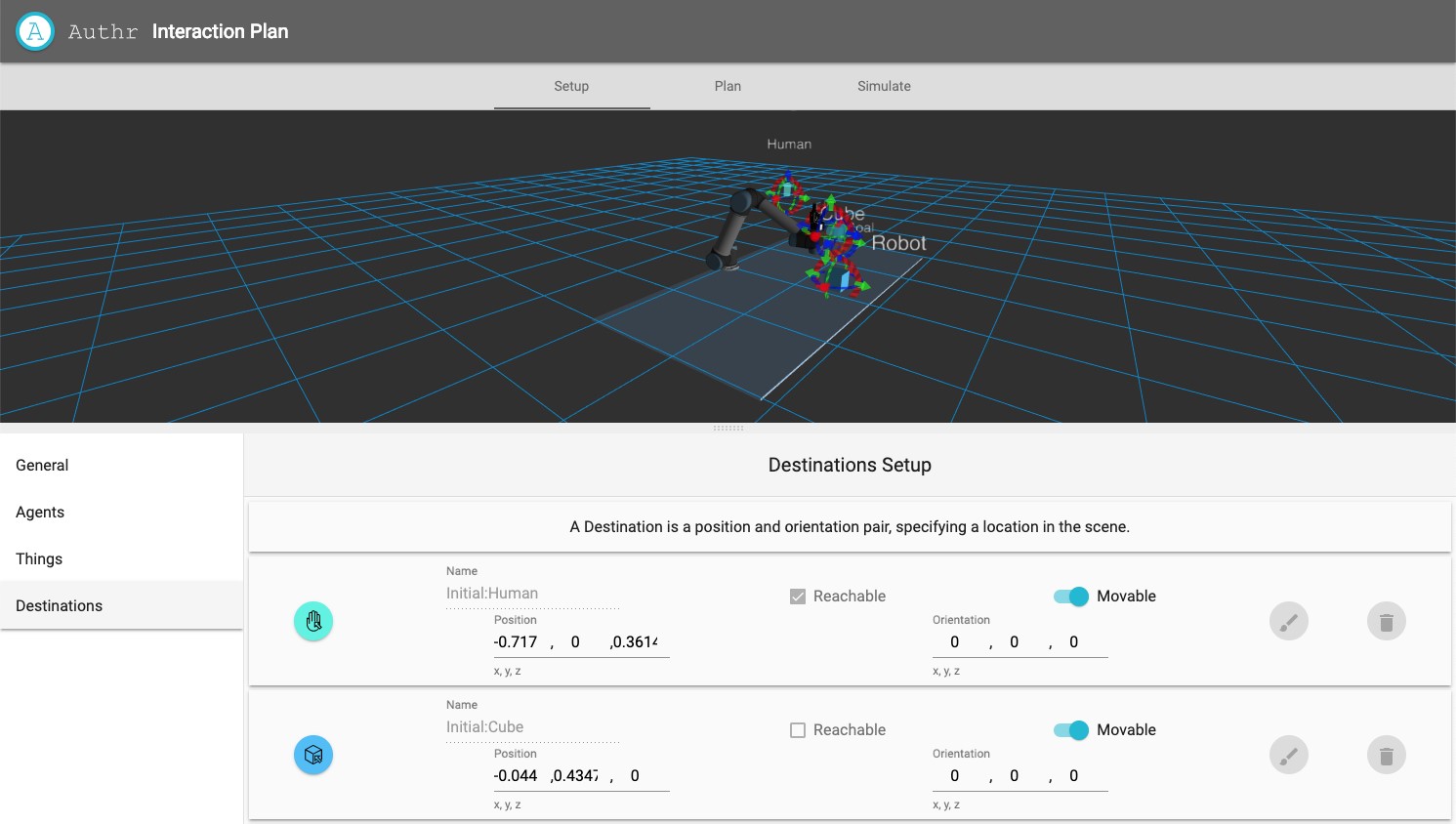 Authr setup view allows user to define Agents, Things, and Destinations.