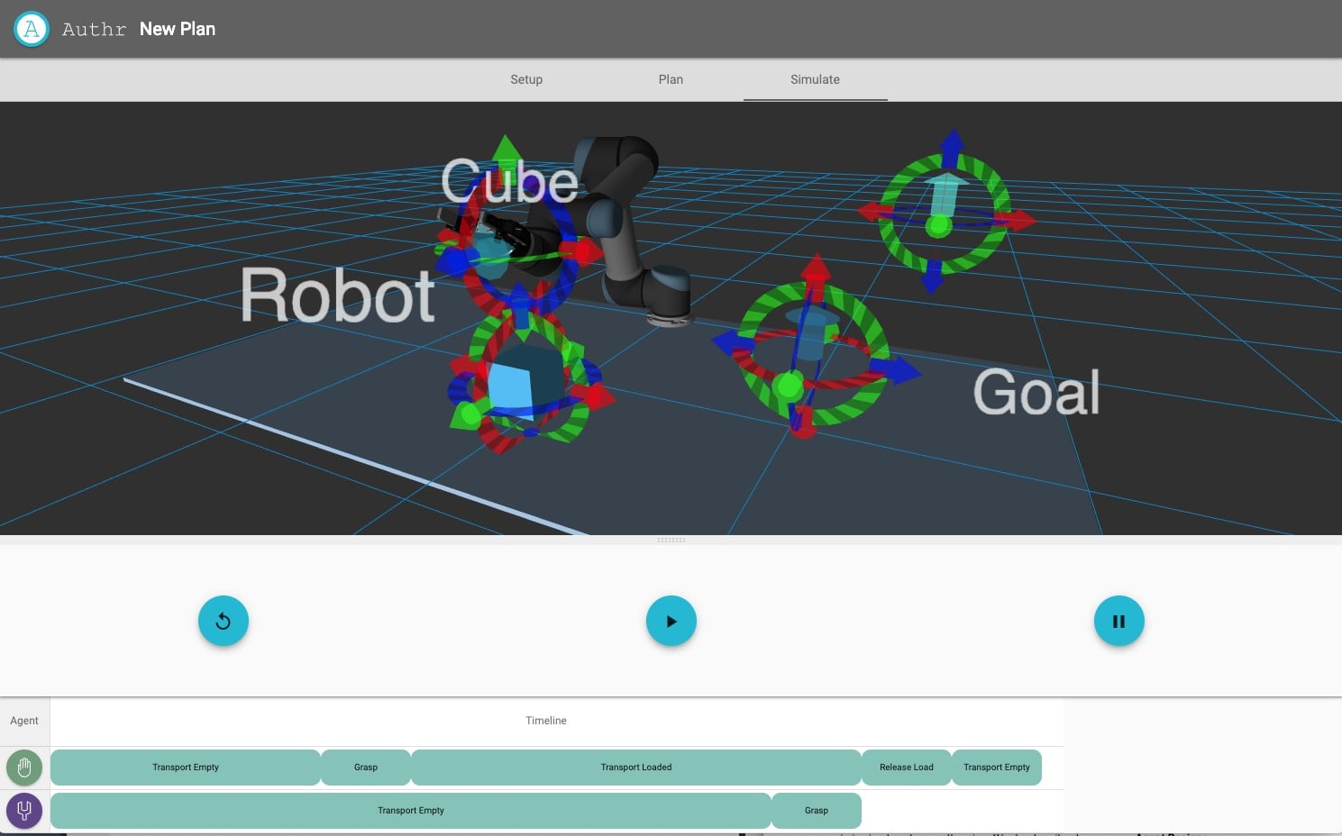 Authr simulation view allows user to inspect the program constructed.