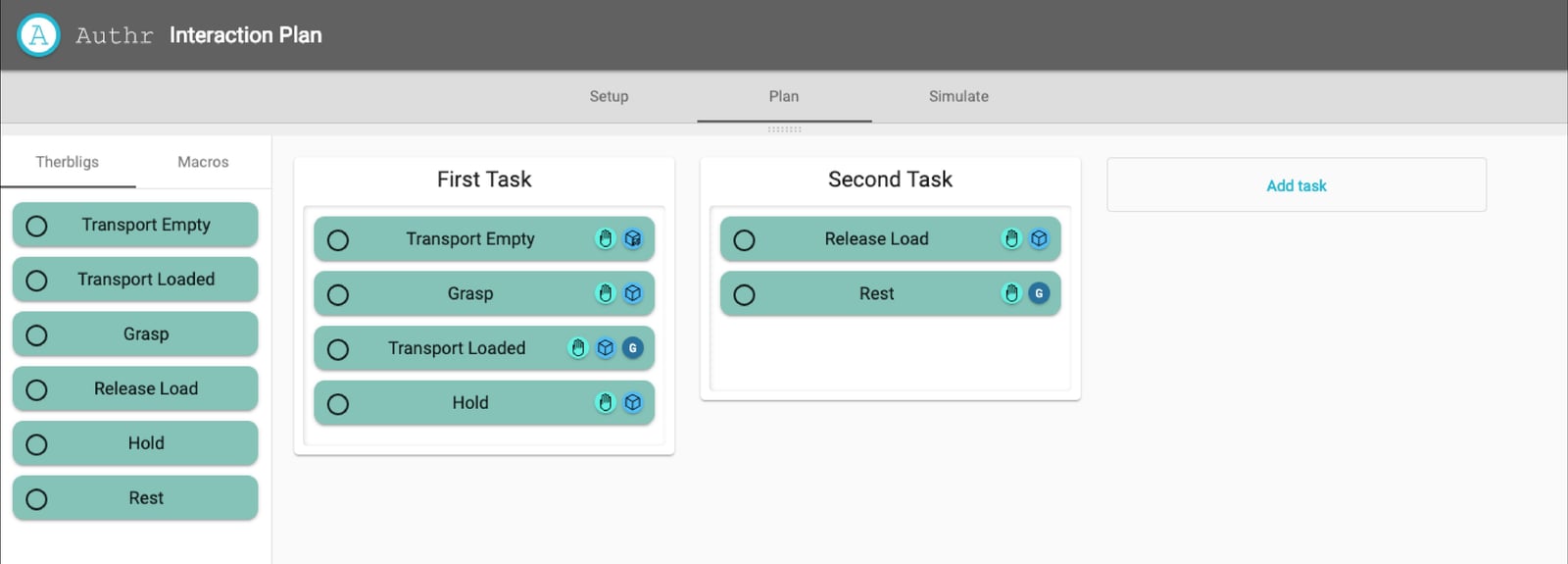 Authr task view allows user to drag-and-drop Therbligs into tasks.