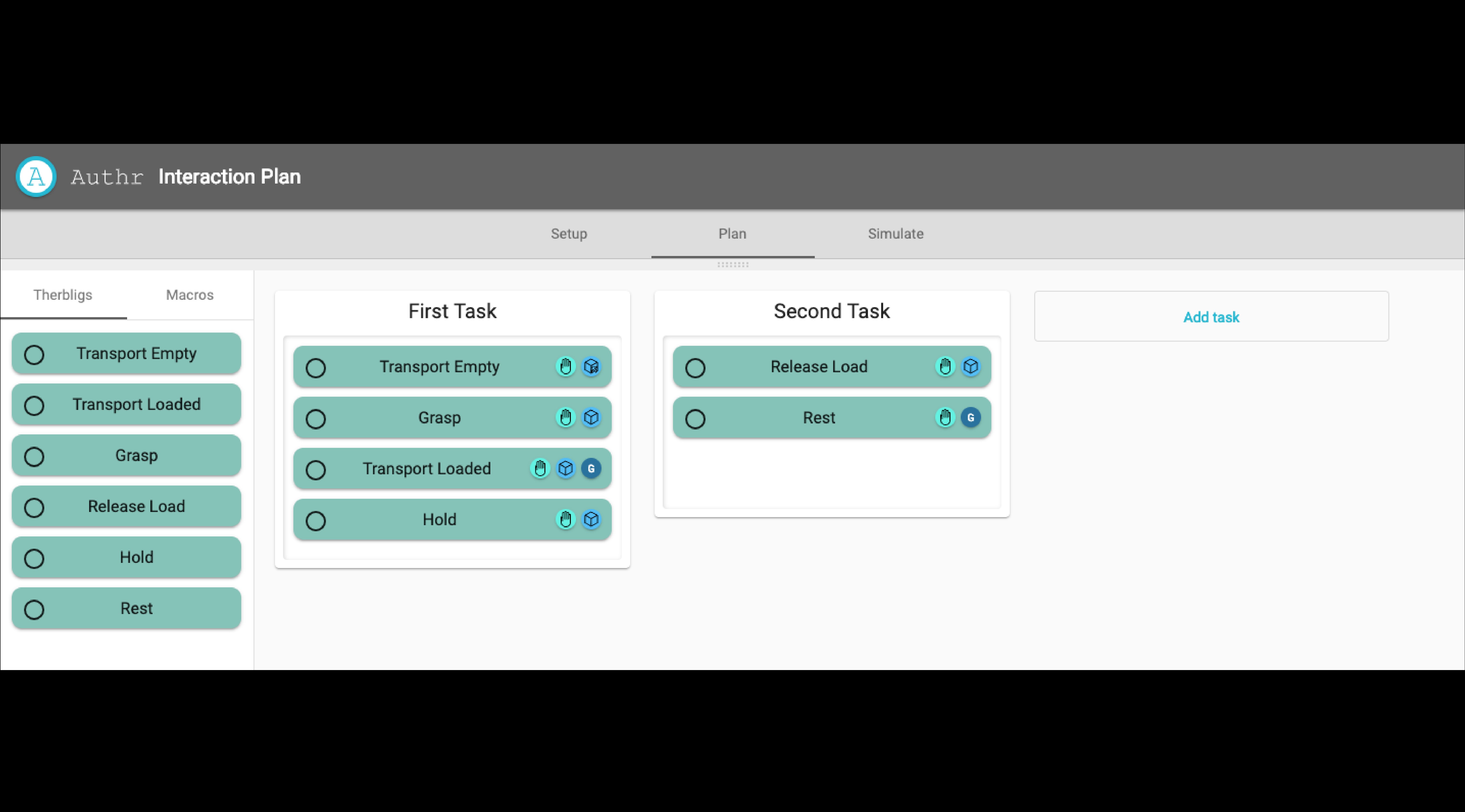 Authr task view allows user to drag-and-drop Therbligs into tasks.