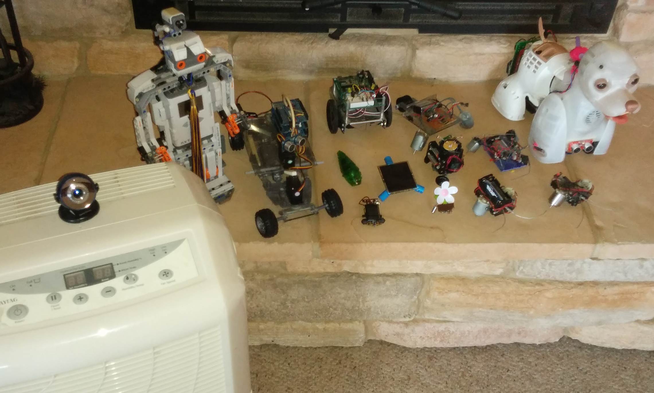 Small hobby robots shown in a group photo (left to right): YAM, Beta-Rex, Roverbot, BOE-Bot, Hexbug Larva, Solar Roller, Symet, NBB, Spinbot, Photoflower, Herbie, Beetle (large), Beetle (small), and Bubbles.