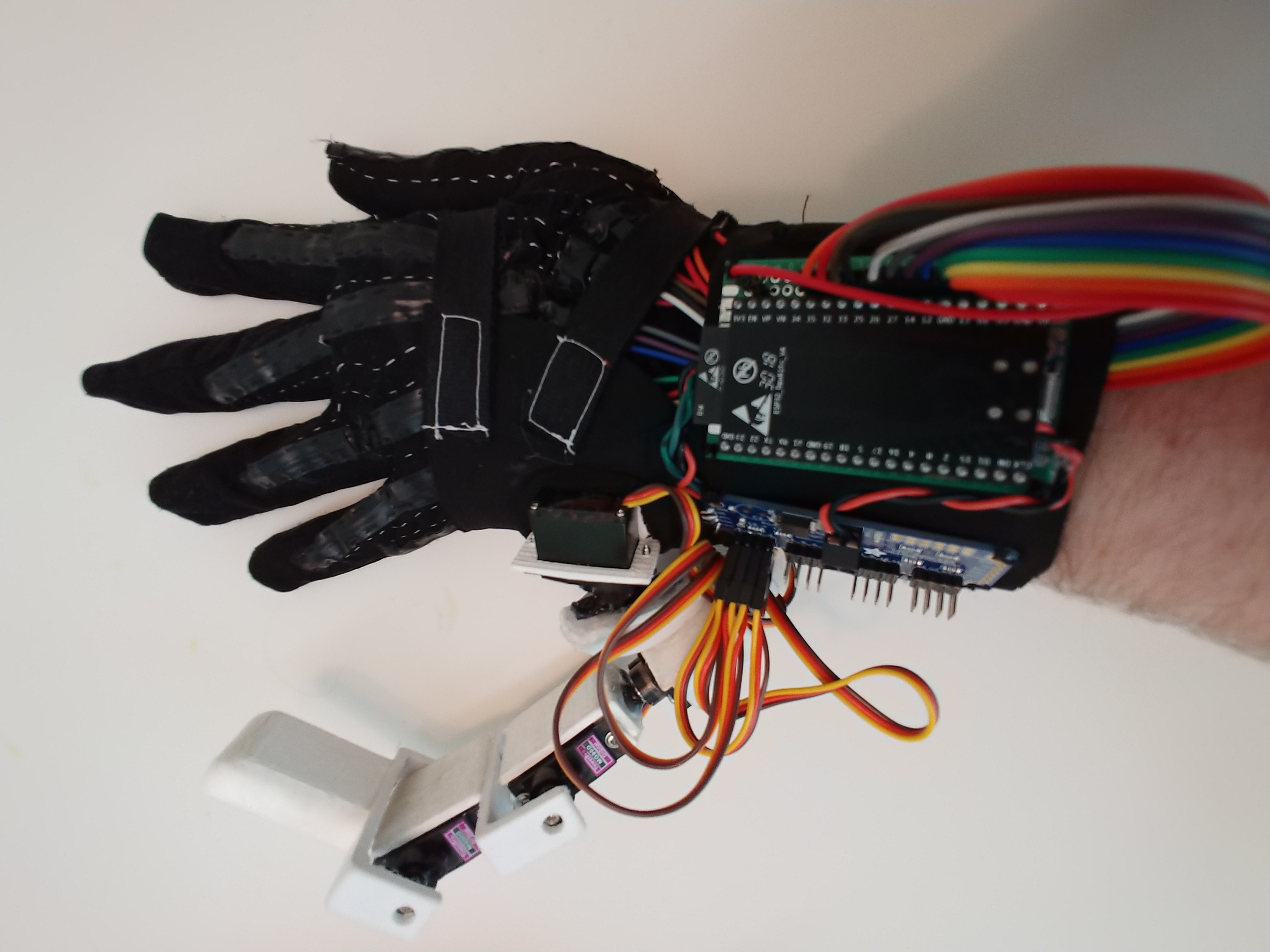 First version of my sumpernumerary robotic finger named Taltosioid shown worn on my hand with capacitive flex detection glove.