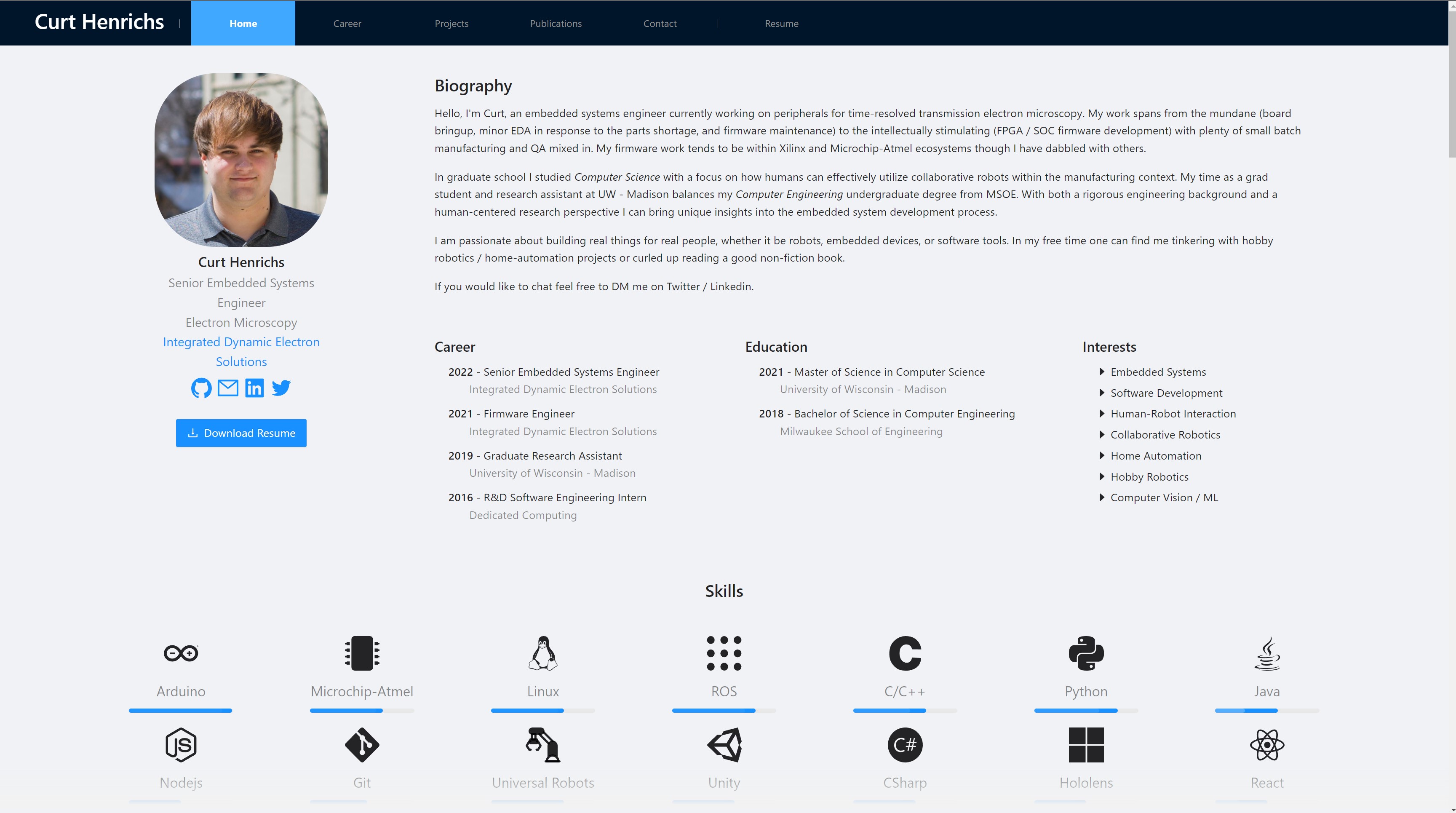 Desktop view of website portfolio home section and skills section.