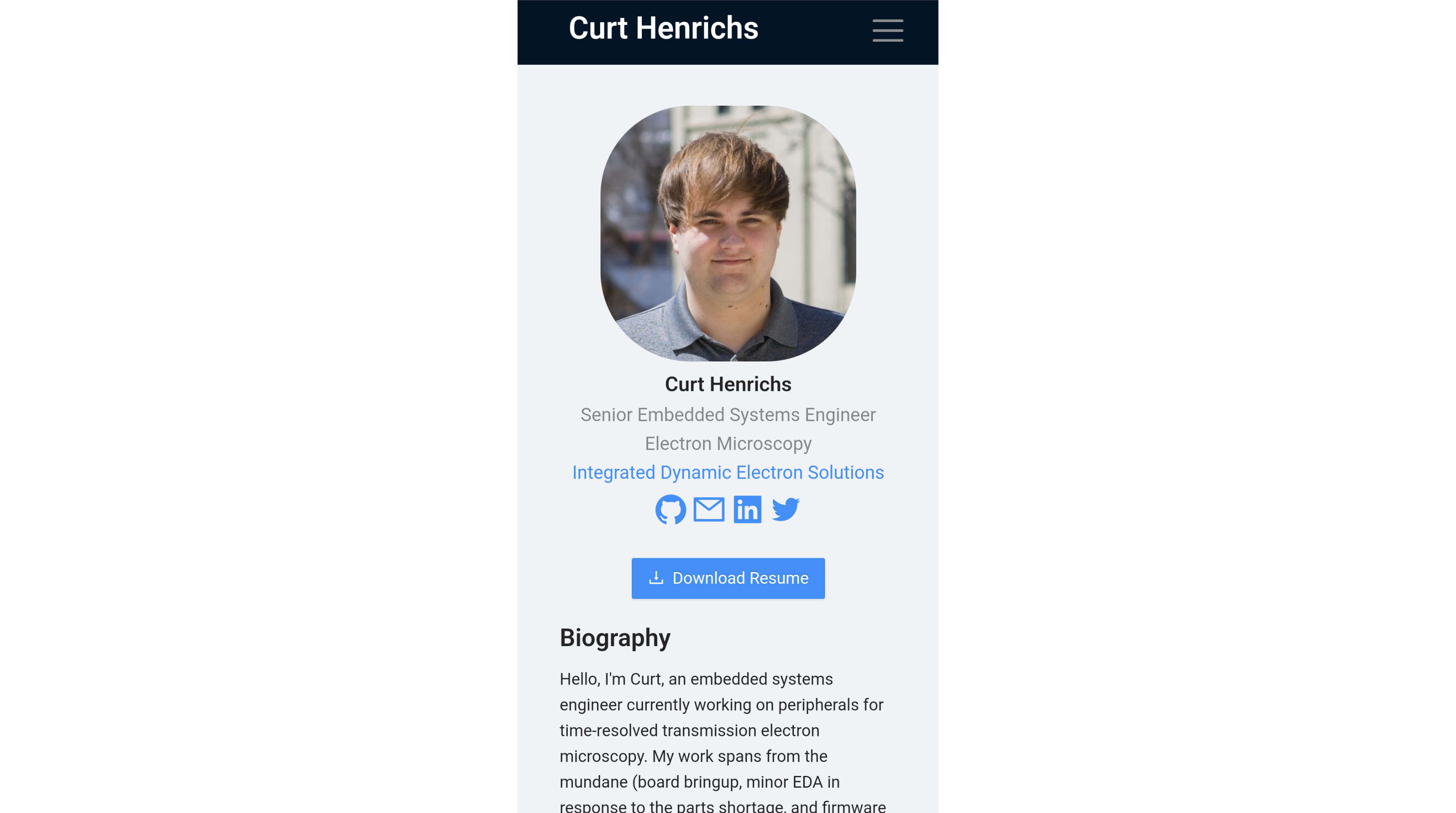 Mobile view of website portfolio home section.