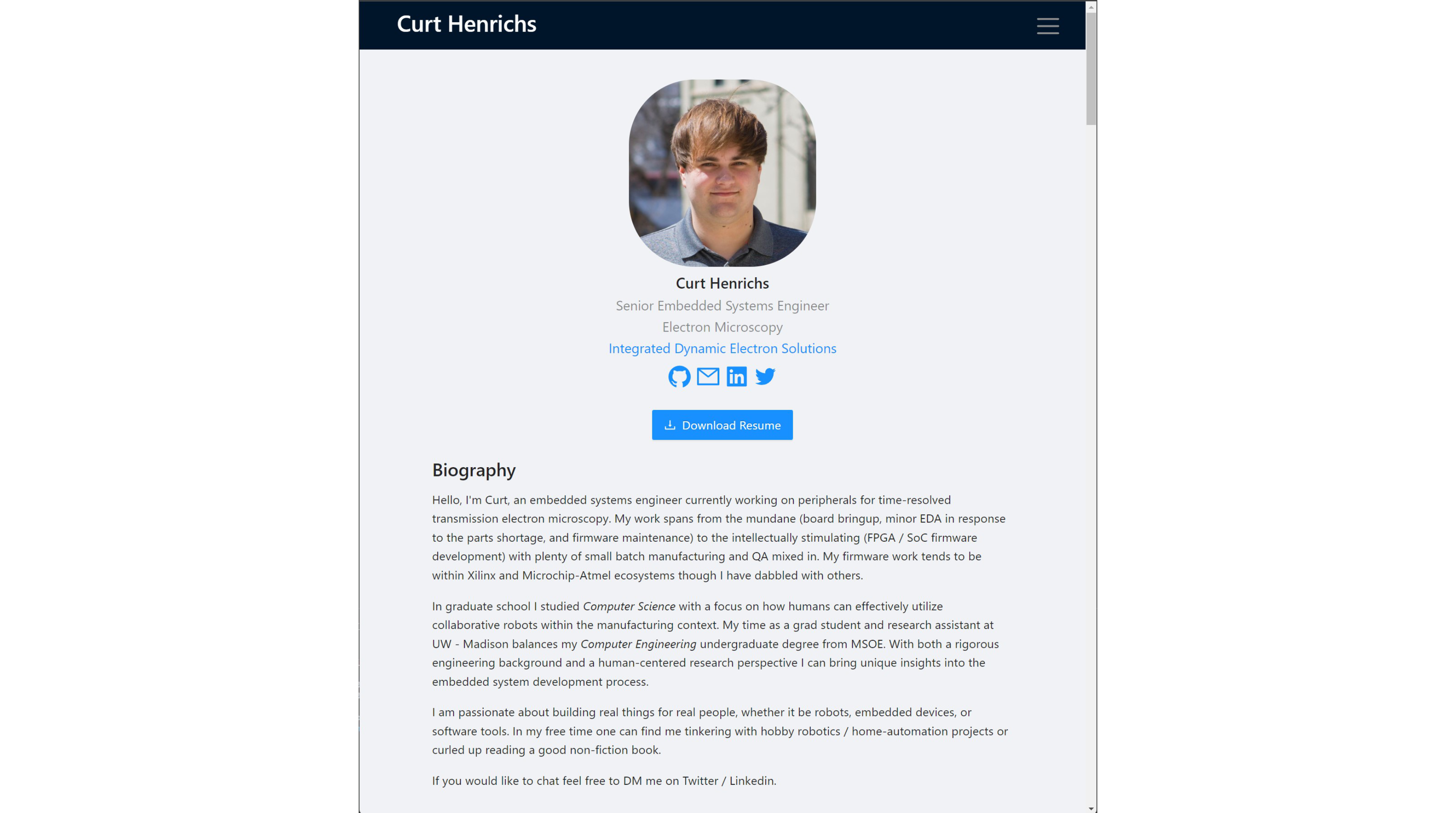 Tablet view of website portfolio home section.